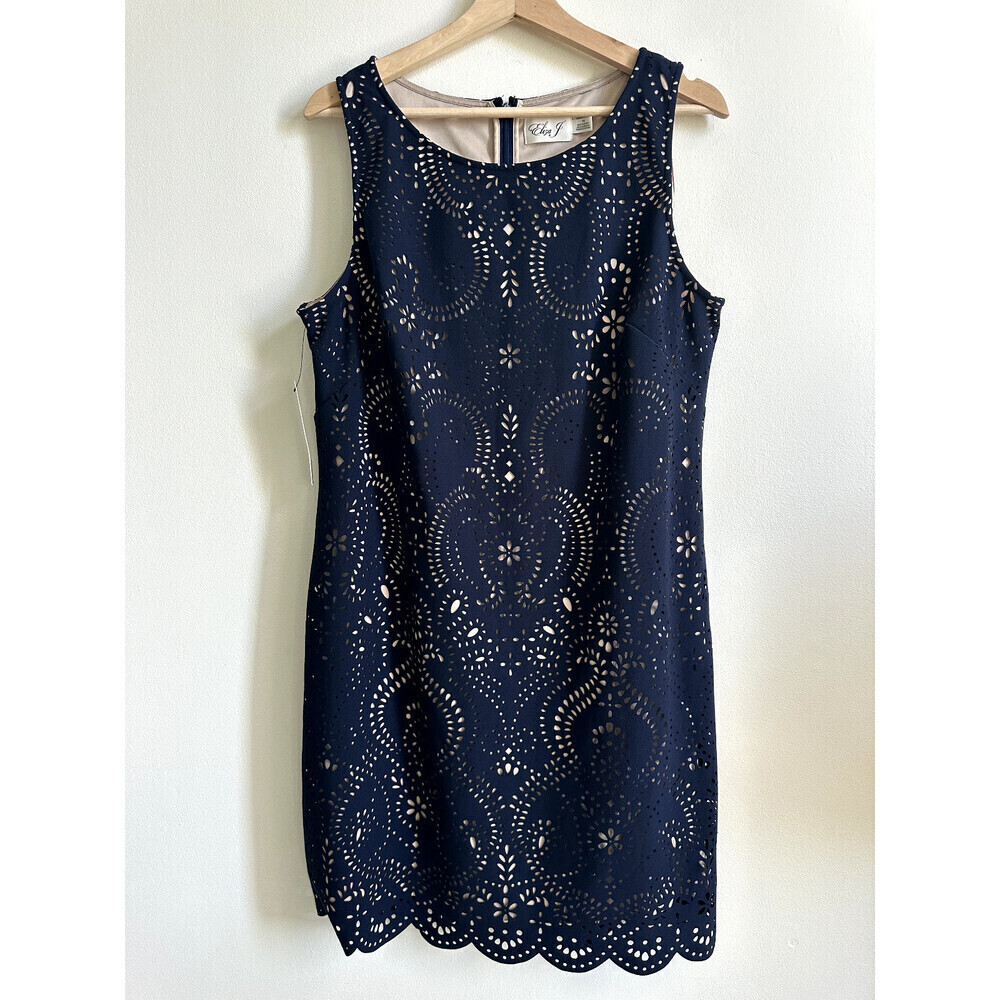 Eliza J women's Laser-Cut Shift short Dress size 14 navy $179